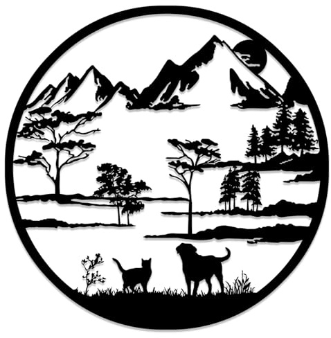 Berg und Wald Metall Wand Kunst, Schwarze runde Metallwanddekoration,Rustikale Wand Skulptur Hängen Home Decor für Garten Indoor Outdoor(50 cm)