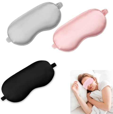 Alfven Schlafmaske,3 Stück Schlafmaske aus Seide Hautfreundlich Schlafbrille Lichtblockierende Schlafbrille mit Verstellbarem Band für Druckentlastung und tiefen Schlaf (Schwarz, Rosa, Grau)