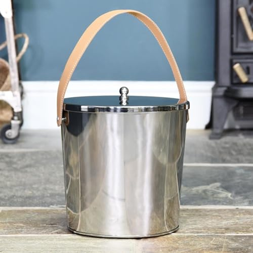 Modern 25cm Stainless Steel Ash Bucket with Leather Strap Heavy Duty Coal Scuttle & Log Bucket – Rustic Metal Fireplace Storage Container for Wood, Kindling & Ash – Fireside Accessory