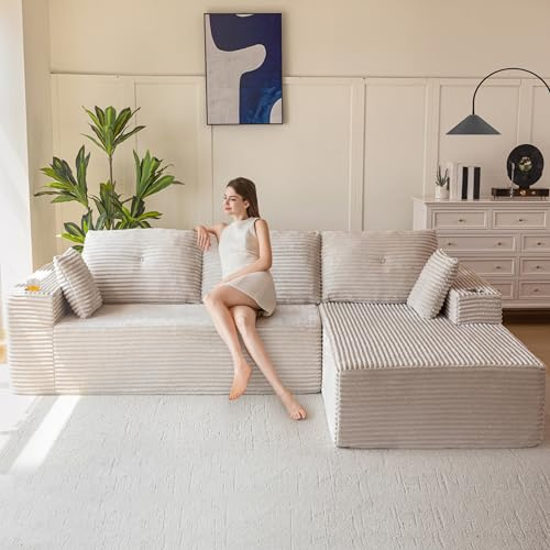 MAXYOYO Modular Sectional Sofa, Modern Boneless Couch 3-4 Seater Corner Sofa Left/Right Hand Facing Corduroy, Oversized Sofa L Shaped Sofa Bed for Living Room Bedroom, No Assembly Required, Off-white