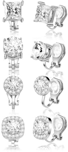 4 Pairs Cubic Zirconia Clip Earrings for Women Wedding Dance Competition - Non Pierced Diamond Clip On Earrings Studs for Men(Silver)