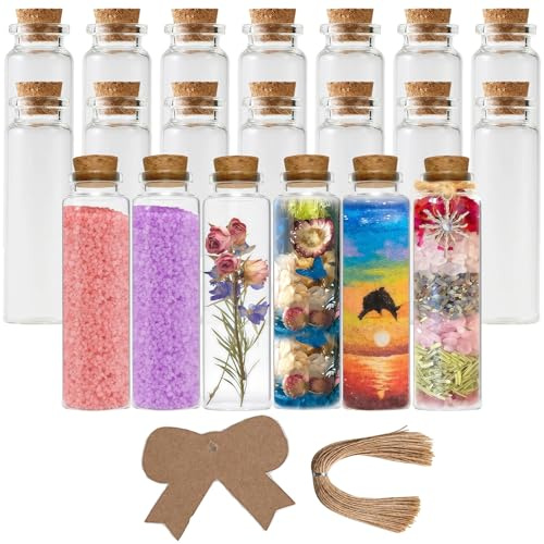 VIVIIHOO 20 Pezzi Piccoli Barattoli con Tappi da 50ml, Mini Bottiglie di Vetro con Etichette e Fili di Carta Kraft per Il Messaggio in Una Bottiglia, Decorazioni per Il Matrimonio, Regali, Battesimo