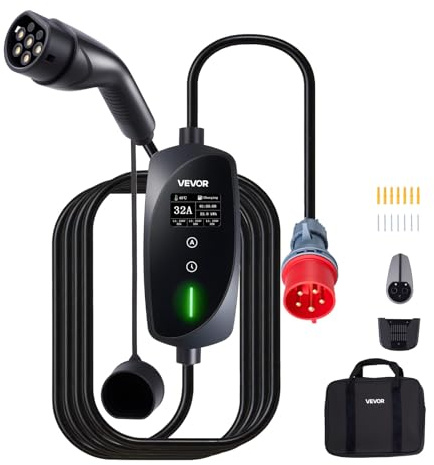 VEVOR Chargeur Voiture Électrique 22 kW Borne de Recharge Véhicule Électrique Mobile 32 A avec Câble Recharge Type 2 7 m, Prise CEE 32 A Triphasé, Écran LCD, Courant Réglable, Boîtier de Commande IP66