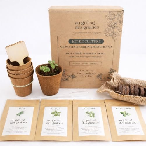 Kit Herbes Aromatiques à Cultiver Intérieur – Basilic, Persil, Coriandre, Aneth – Kit Complet avec Pots, Terre et Graines – Facile pour Débutant – Idée Cadeau Cuisine – Marque Française