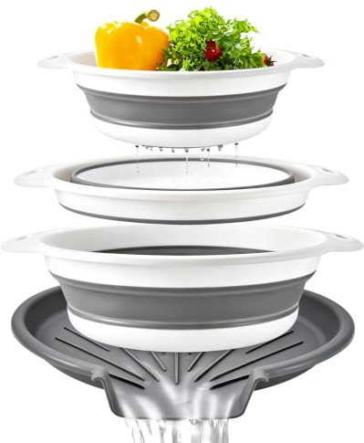 3 stycken pastasil vikbar sil set, kökssil med droppbotten, bär tvättskål, köksredskap för pasta, grönsaker och frukt (grå-1)