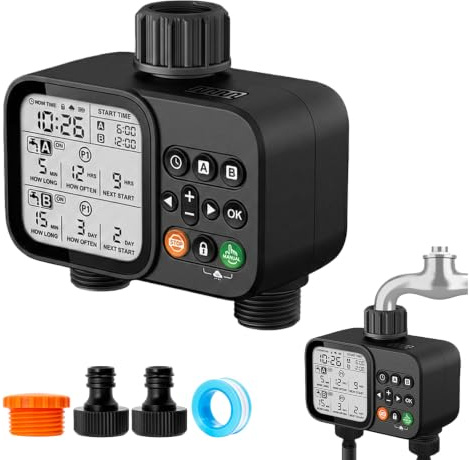 PORFOYO Ordinateur d'arrosage 2 sorties, ordinateur d'irrigation avec 2 sorties, minuteur d'arrosage de jardin avec contrôle d'irrigation, retard de pluie, minuterie d'arrosage automatique pour jardin