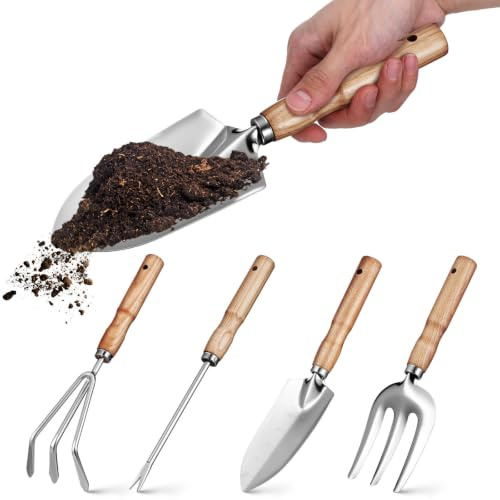 OFFSCH Ensemble D'outils de Jardinage pour Femmes et Hommes Truelle en Acier Inoxydable 430 et Manches en Bois, Prise en Main Confortable sans Bavure pour Jardinage