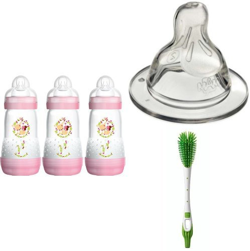 MAM Anti-Colic Bottle 260 ml 3 Pack (Pink/Green) with Medium Flow Teats (2 pack) and Soft Brush