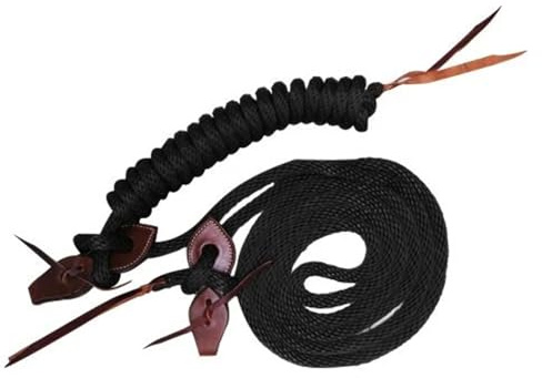 Showman 22' Round Braided Nylon Mecate Reins w/Leather Slobber Straps (Black)
