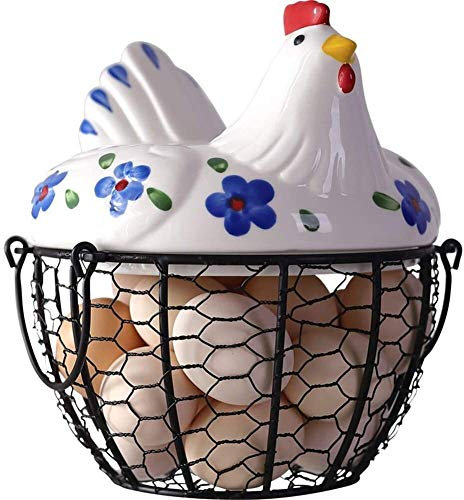 Kitchen Craft-Hueveras cesta Cesta de huevo negro | Forma de tapa de pollo de cerámica | Cesta de alambre de malla metálica con asas | Para el almacenamiento de huevos/fruta Regalos creativos