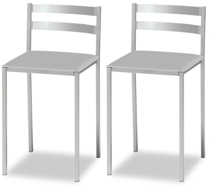 2 Taburetes de Cocina con Respaldo bajo, Franjas horizontales y Asiento tapizado - Estructura Color Aluminio - Asiento en Polipiel Gris
