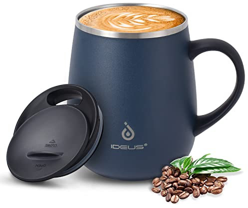Ideus Coffee Mug 470ml (16oz), Double Wall Vacuum Insulated Stainless Steel Coffee & Tea Cup w/Non-Slip Handle & Slider Module Lid & Large Volume (Ocean Blue)