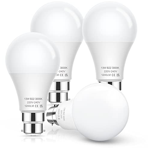 EvaStary Bayonet Light Bulb 100W Equivalent, B22 13W LED Warm White, 4 Pack | 1200LM High Brightness, 3000K Soft Glow, B22 Bayonet Cap, BC GLS Energy Saving Bulbs for Home Lighting, Non-dimmable