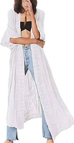 YouKD Dam boho lång kimono-klänning stor storlek cardigan strand baddräkt täcker kläder, D vit, en storlek