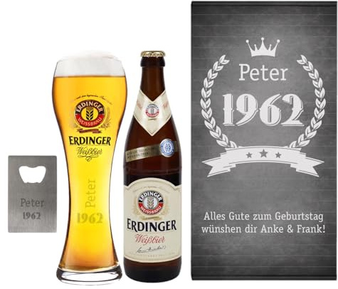 Herz & Heim® Weizen Bier- Geburtstagsgeschenk-Set mit Glas, Flaschenöffner und Geschenkbox, personalisiert