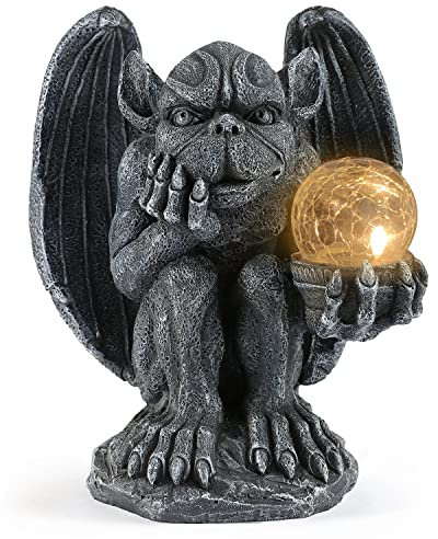 MIBUNG Grande statue de gargouille tenant un orbe magique avec lumières solaires - Décoration d'extérieur - Gargouille - Dragon - Gardien - Gothique - Creep - Sculpture effrayante - Décoration de