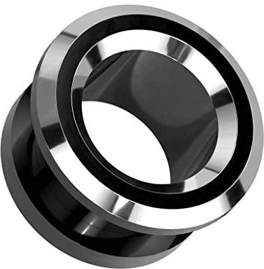 beyoutifulthings Ohr-Tunnel Schwarz Silber Rand Chirurgenstahl Ohr-Piercing Ohr-Schmuck Plug Screw Fit Schraub-Verschluss 12-mm