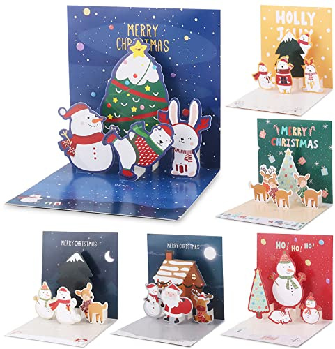 6 Pezzi 3D Cartoline di Natale con Buste, JRISBO Biglietti Auguri Natale 3D Pop-Up Christmas Cards Colorato Set di Cartoline Natale Xmas Regalo di Natale per Bambini Amici Famiglia