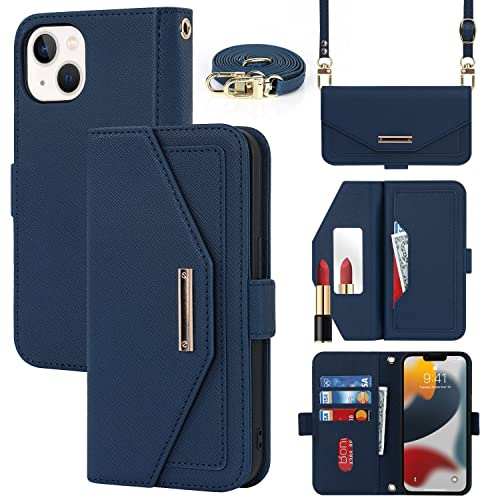 Cavor Case compatible with iPhone 13 Phone Case With Strap,Crossbody Flip Leather Wallet Case,[5 Card Holder][Mirror][Magnetic],Lanyard Case Cover for women - Blue