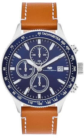 Rhodenwald & Söhne Herren Uhr Edelstahl Silber Quarzwerk 10 ATM | Echtleder Armband, braun, keine Prägung, Chronograph, Zifferblatt blau, Mineralglas, Armbanduhr