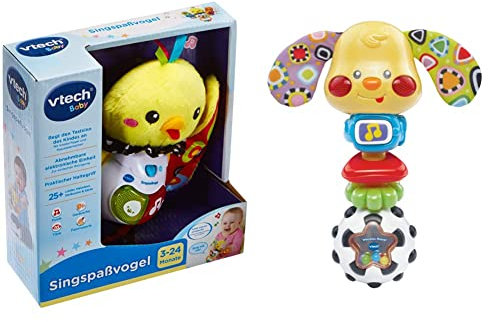 VTech Baby 80-185304 - Singspaßvogel, bunt & Wauwau-Rassel – Babyrassel im Hündchen-Design mit lustigen Sätzen, Musik und Lichteffekten – Für Babys von 3-24 Monaten