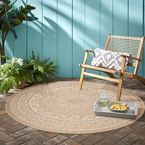 Teppium Outdoor Teppich Wetterfest 120 cm Rund Beige Sisal und Jute Optik - Küchenteppich Waschbar rutschfest, Wasserfest, Greek Design, Pflegeleicht - Ideal für Balkon, Terassen, Garten, Camping