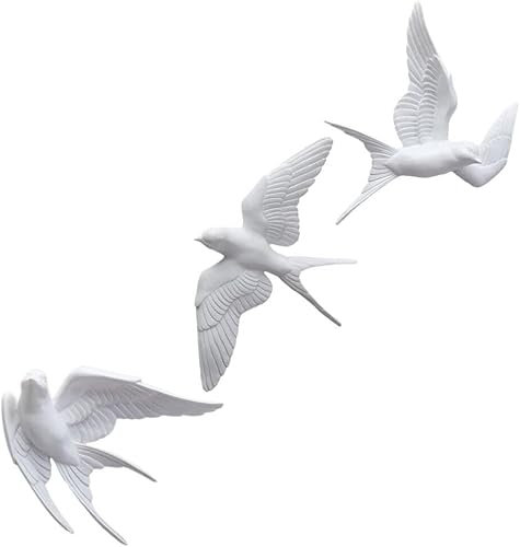 Schwalbe Harz Wandskulpturen Flug 3D Dekoration Vogel Statue Kunst Skulpturen für Wohnzimmer Schlafzimmer (Weiß, 3')