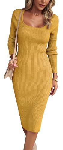 VOGMATE Strickkleid Damen Winter Langarm Kleid Sexy Herbstkleid Partykleid Midikleid Knit Bodycon Dress Pulloverkleid Gelb M