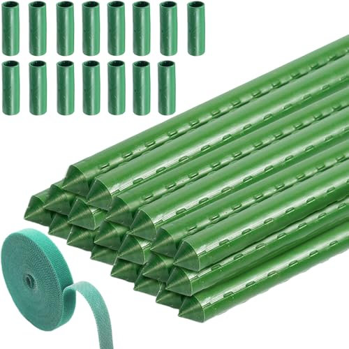 Pali per piante da giardino verde, 20 bastoncini da giardino in tubo di acciaio rivestito in plastica, bastoncini di supporto per piante con 15 connettori e 1 fascette per piante, pali di supporto per