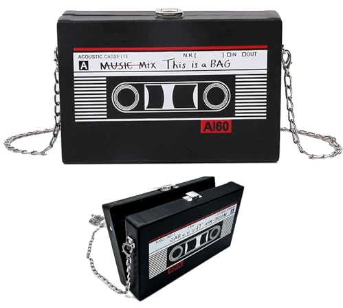 Kassette Handtasche Retro Umhängetasche Damen Tasche Kassetten Schultertasche,Vintage Bankett Handtasche mit Kette,Schräge Schultertasche Radio Handtasche für 80er 90er Jahre Disco Party Dekoration