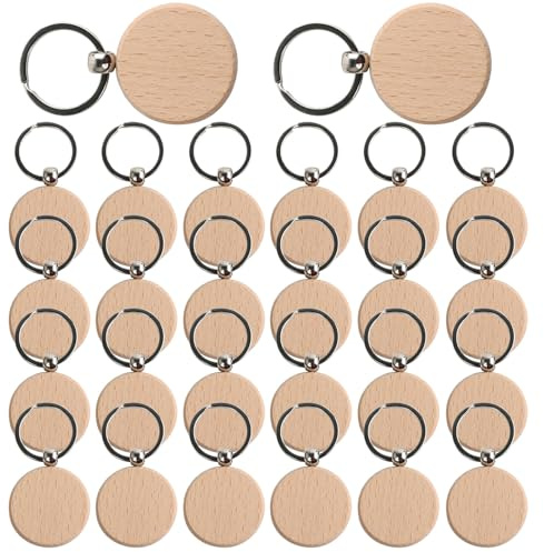 25 Stück Rohling Schlüsselanhänger Holz Blanko DIY Anhänger Runder Holzschlüsselringe Gepäckanhänger Holz de Schlüsselanhänger zum Bemalen Beschriftbar für Schnitzen
