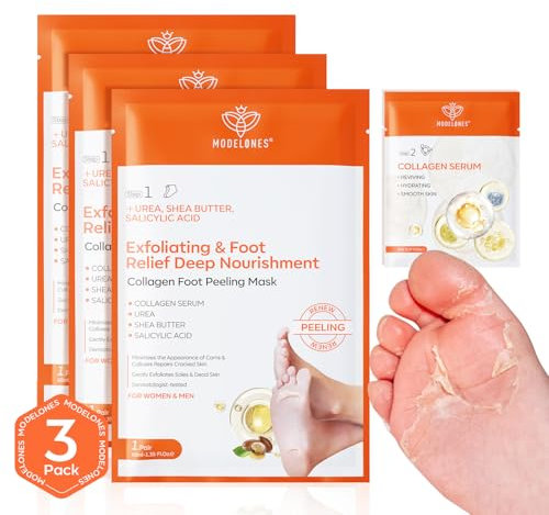 Modelones Foot Peeling Mask 3 Pack, Exfoliating Foot Mask for Dry Cracked Feet, Callus Dead Skin Remover, Additional 3 Pack Collagen Serum for Reviving Baby Soft Smooth Touch Feet, Women and Man