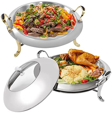 NaMaSyo Chauffe-plat rond en acier inoxydable - 3 l - Avec récipient à pâte combustible et poêle alimentaire - Pour traiteur, buffet et fête - Argenté
