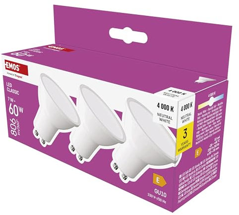 EMOS LED Lampe Spot 3er Pack, MR16 mit GU10 Sockel, 7W Ersatz für 60W Halogenlampe, Helligkeit 806 lm, Neutralweiß 4000 K, 30000 h Lebensdauer, CRI min. 80, 100° Abstrahlwinkel, weiße Farbe