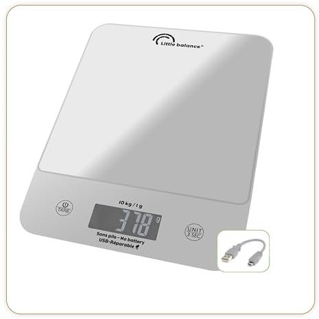 LITTLE BALANCE 8708 Happy Genius 10 Silver, Balance de cuisine sans pile, rechargeable USB-C, Réparable, 10 kg, Silver