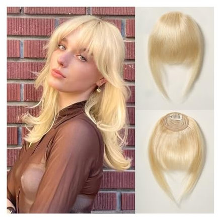 Bang Perücke, Clip-in-Pony-Extensions aus 100% Echthaar, blonder Pony, französischer dicker Pony, Clip-on-Pony-Haarteile for Frauen, täglich, einfach zu tragen,Perücken mit Pony(HLH1005-5)