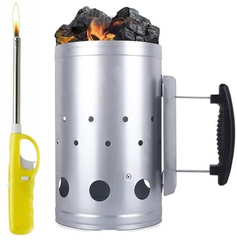 Almineez Premium Charcoal Chimney Starter With Refillable Lighter Barbecue Fire Starter Grilling for BBQ Charcoal Grill Briquette Rapid Start Coal Fire Starter Chimney for Outdoor Barbeque Grills Kit