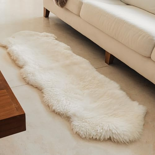 Khara Home Premium Duo 100% Genuine Sheepskin Area Rug 2x6 ft – Natural Ivory White Soft & Fluffy Lambskin Rug Sheepskin Throw for Bedroom or Living Room – Made in Argentina