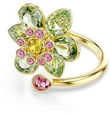 Swarovski Anillo Abierto Idyllia, Banda que se Enrosca Alrededor del Dedo con una Flor Central Elaborada con Cristales Verdes, Rosas y Amarillos, Tallas Mixtas, Flor, Baño Tono Oro, Verde