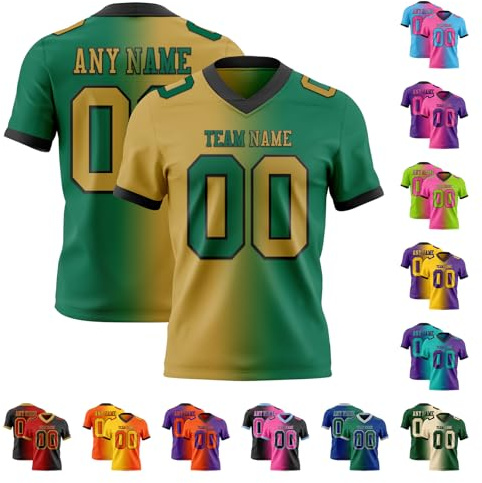 Customized American Football Jersey Printed Sitiched Your Team Player or Fans Name Number Logo, Custom Kelly Green Old Gold Gradient Practice Football Jersey for Game Days, Sports Events, Casual Wear