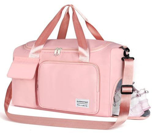 Rosa Sporttasche Damen Herren, Groß Reisetasche Damen mit Schuhfach und Nassfach, Wasserabweisende Sporttasche Faltbare Reisetasche Trainingstasche Handgepäck Tasche für Reisen, Fitness, Sport