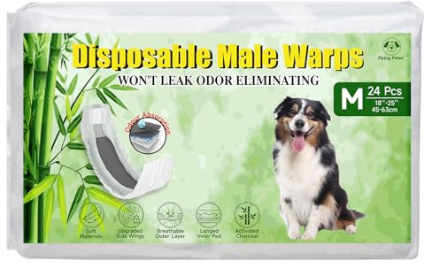 Flying Paws Pañales para Perros machos, M-24 Desechables para Hombre, con carbón Activado, neutralización de olores, pañales Suaves y Transpirables, Pantalones para incontinencia para Cachorros, M-24