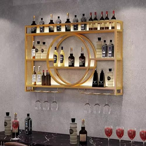 Wand Montiert Bar Regal，Industrielles Wand-Weinregal Schwebende Regale Weinregale Mit Weinglashalter Eisen Display StäNder Flaschenregal Wand Bar FüR Zuhause Restaurant Bars(Size:120cm,Color:Gold)
