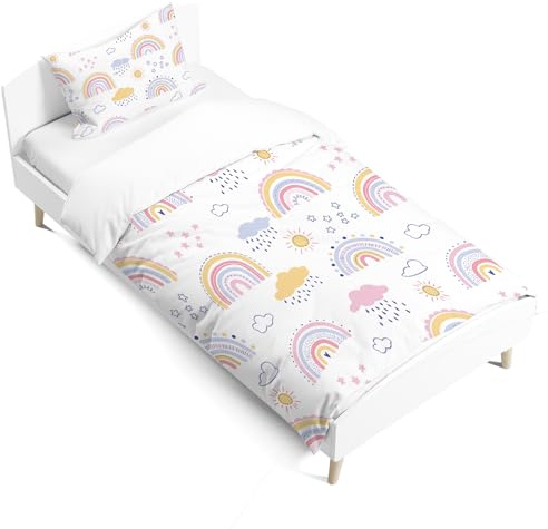 LLTTEER Bettwäsche Set Regenbogen für Kinder Mikrofaser Kinderbettwäsche Mit Regenbogen,Wolken, Sternen im Cartoon-Stil Bettbezug Mit Kopfkissenbezug 40x60cm für Mädchen (Style-01, 120 x 150cm)
