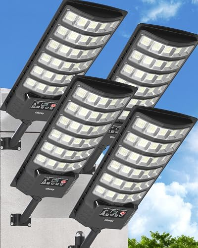Ofuray Lampadaire Solaire Exterieur, Projecteur LED Solaire Exterieur avec Detecteur de Mouvement, 5000MAH, 7000k, 5 Modes Éclairage, Étanche Lampe Solaire pour Jardin, Cour, Parking, OZL-4Pack