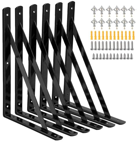 Heavy Duty Shelf Brackets 300x190mm, 6 Pack 12 Inch Wall L Brackets with 90 Degree Triangle, Mounting Screws Included, Suitable for Concrete Wall, Gypsum Board etc(12 Inch)