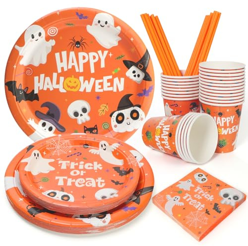 PARTY GO 125PCS Halloween Party Tableware, Orange Paper Plates and Napkins Cups Straws, Party Tablewares Disposable Supplies Pack for Halloween Decorations Serves 25 Guests