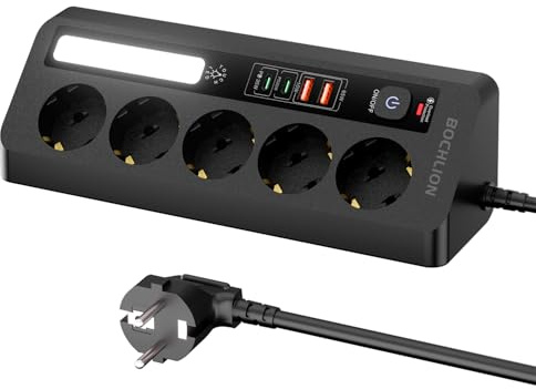 BOCHLION Multiprise de Table 5 Prises avec 4 Ports USB (PD35W+PD20W), Multiprise Parafoudre avec Lumière LED, Prise d'Angle avec Interrupteur et Câble 1.8M pour Bureau, Maison (Noir)