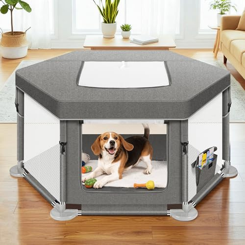 Anywish 109,2 x 109,2 x 63,5 cm Hunde-Laufstall, Haustier-Laufstall für kleine Hunde/Welpen und Katzen, Welpenlaufstall mit Tor, für drinnen und draußen, robuster Hundezaun mit verdicktem Stoff und
