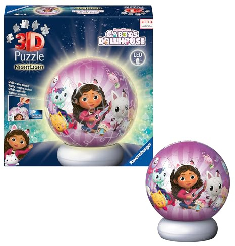 Ravensburger 3D Puzzle Gabby's Dollhouse - 3D Puzzle Children from 6 Years - Puzzle Ball with LED Night Light as Bedside Lamp for Children - Gabby's Dollhouse Gifts for Girls and Boys - 12008059
